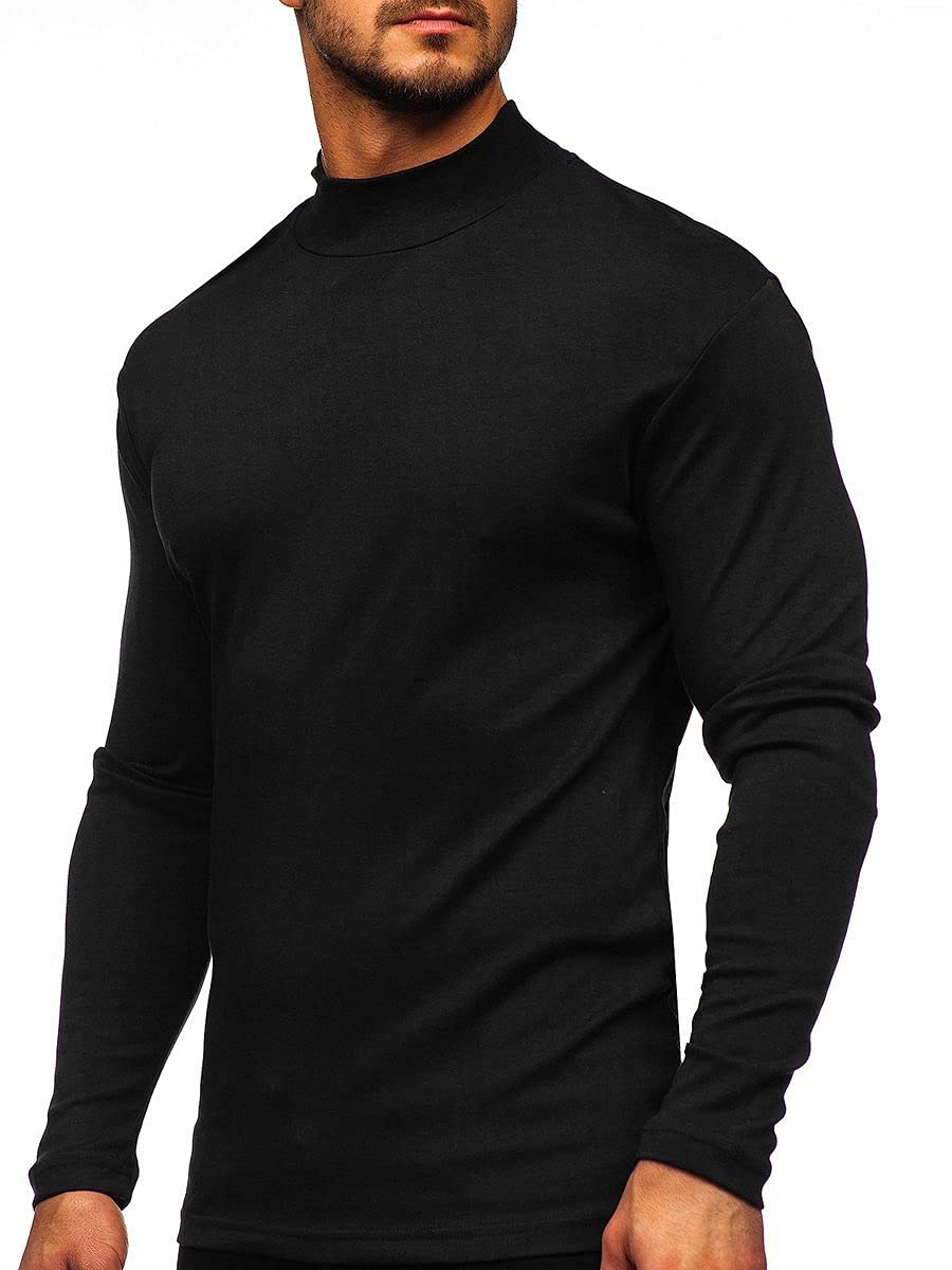 Mens Mock Turtleneck T-Shirt Long Sleeve Pullover Basic Designed Undershirt Stretch Lightweight Top Black