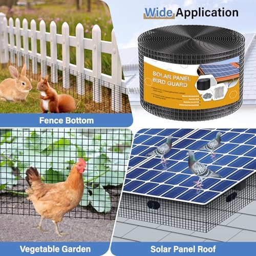 Solar Panel Bird Guard,6in x 100ft Critter Guard Roll Kit for Roof Protection Net Wire Screen,Rust-Proof Black PVC Coated Galvanized Net Pigeon Mesh with 70 Fastener Clips for Bird,Animal Control