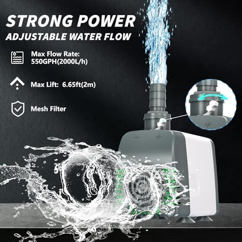 550GPH Submersible Water Pump, Fountain Pumps with Over Heating Protection Adjustable Flow Rate Desin 6.5ft High Lift for Fountains, Hydroponics, Ponds, Aquariums & More