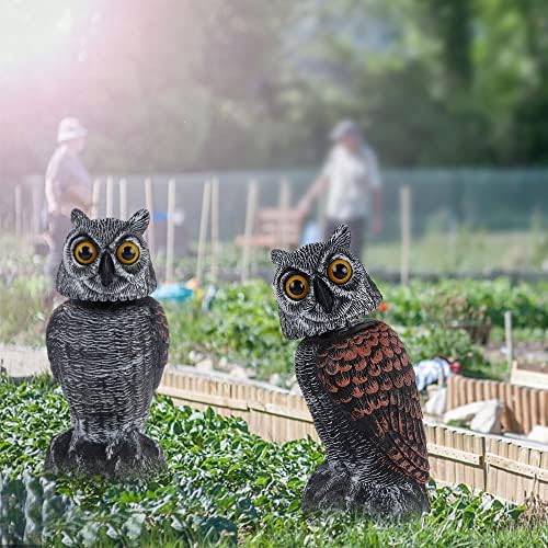 Hausse 2 Pack Fake Owl Decoys to Scare Birds Away, Rotating Head Plastic Owl Bird Deterrents, 10.6 Inch Height Bird Scarecrow Nature Enemy Horned Pest Repellent for Outdoor Garden Yard