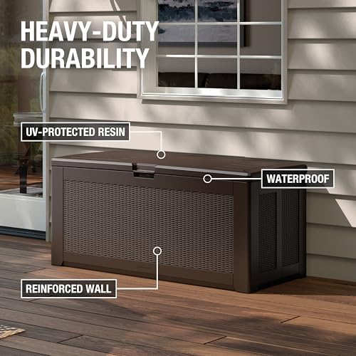 Rubbermaid Extra Large Resin Outdoor Storage Deck Box (134 Gal), Weather Resistant, Brown, Deck Organization for Home/Backyard/Pool Chemicals/Toys/Garden Tools/Porch/Patio Cushions