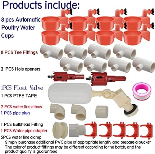 Complete Set Pipeline Automatic Chicken Nipple Waterer Cups and 1/2" PVC Tee Fittings Pipe Feeder Poultry Waterer