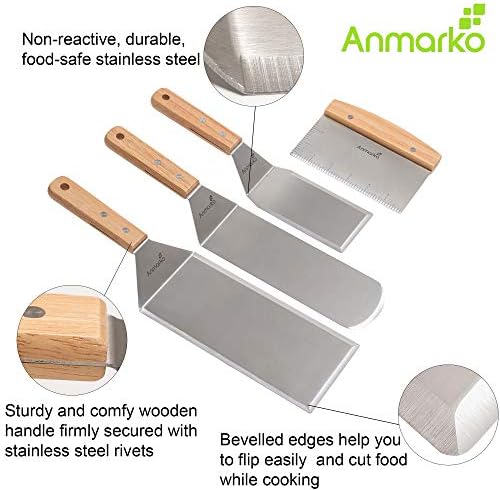Stainless Steel Metal Spatula Set - Teppaniyaki Spatulas - Griddle Scraper Flat Spatula Pancake Flipper Hamburger Turner - Metal Utensil great for BBQ Grill Flat Top Cast Iron Griddle Accessories