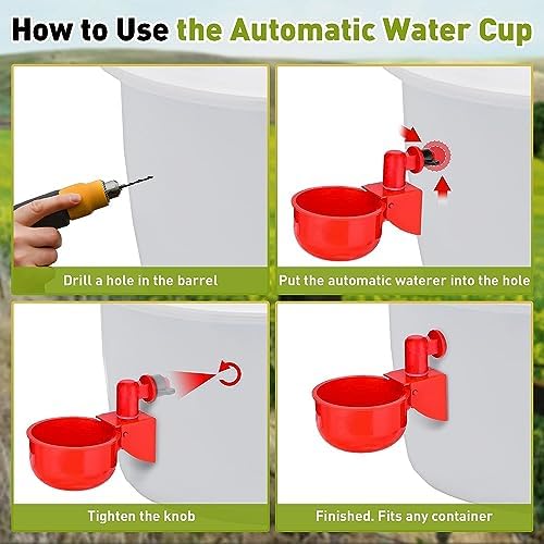 24 Pcs Chicken Feeder Kit and 24 Pcs Water Cup Kit, Gravity Poultry Waterer Cup and Poultry Feeder Port Set with Hole Saw and Sealing Tape, Chicken Feeder No Waste for Duck Bird Quail
