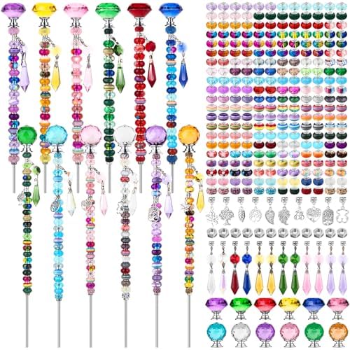 UFU 310Pcs Beaded Garden Stakes Kit - DIY Fairy Wand Garden Stake Beads Kit with 252 Colorful Assortment Large Hole Beads, 12 Threaded Rods, Crystal Stopper Top & Pendants for Outdoor Decor(10&12IN)
