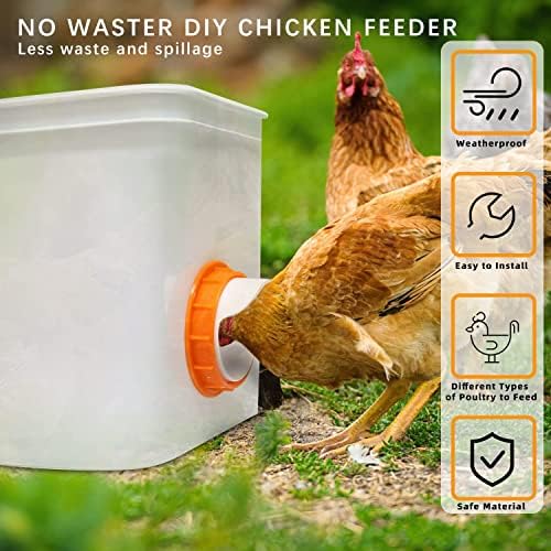 DIY Chicken Feeder No Waste 8 Ports, Automatic 4 inch Poultry Feeder with 8 Pcs Stopper & 1 Hole Saw, Weatherproof Reusable Gravity Chicken Feeder Kits for Buckets, Barrels, Bins, Troughs (Orange)