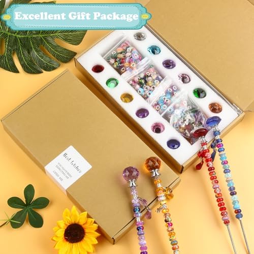 UFU 310Pcs Beaded Garden Stakes Kit - DIY Fairy Wand Garden Stake Beads Kit with 252 Colorful Assortment Large Hole Beads, 12 Threaded Rods, Crystal Stopper Top & Pendants for Outdoor Decor(10&12IN)