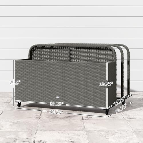 Outsunny Wicker Patio Pool Float Storage Basket, PE Rattan Outdoor Pool Caddy with Rolling Wheels for Floaties, Noodles, Life Vests, Beach Balls, Toys, Patio Furniture, Mixed Gray