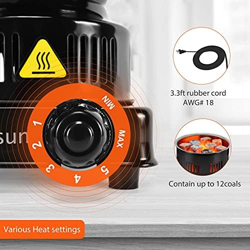 Electric Stove Coconut Charcoal Starter - ETL Approved Hot Plate Durable Faster Coal Burner 120V~600W with Detachable Handle Stainless Steel Grill & Rack Smart Heat Control Long Cable for BBQ Kitchen