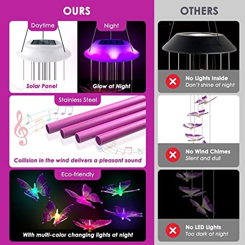 Solar Butterfly Wind Chimes, Gifts for Mom Women, Glowing Top Changing Colors LED Wind Chime for Outside with 4 Iron Tubes, Outdoor Decor Mobile for Garden Yard (Purple)