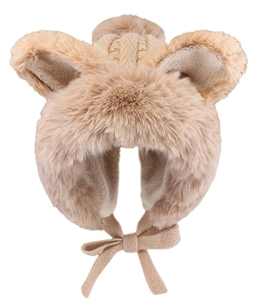 Women Cute Fox Ears Hats Furry Warm Knitted Trapper Hat Beanies Slouchy Crochet Hat Winter Cap Khaki