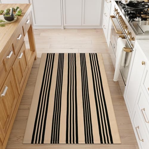Black and Khaki Striped Rugs 3x5, Outdoor Cotton Hand Woven Front Door Mat,Washable Reversible Layered Door Mats, Foldable Front Porch Rug for Entryway/Home Entrance/Farmhouse