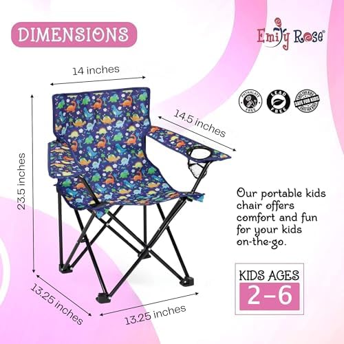 Emily Rose Kids Folding Beach Camping Chair Chair with Safety Lock, Cup Holder & Carry Case - Boys Girls Small Toddler Tailgate, Travel, Lawn Chair for Indoor & Outdoor (Playful Dinosaurs)