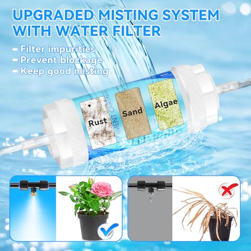 Misters for Outside Patio with Water Filter, Patio Misters for Cooling Outdoor, 66FT (20M) Misting Line 18 Brass Misters Metal Adapter(3/4"), Misting System Kit for Garden Greenhouse Gazebo Trampoline