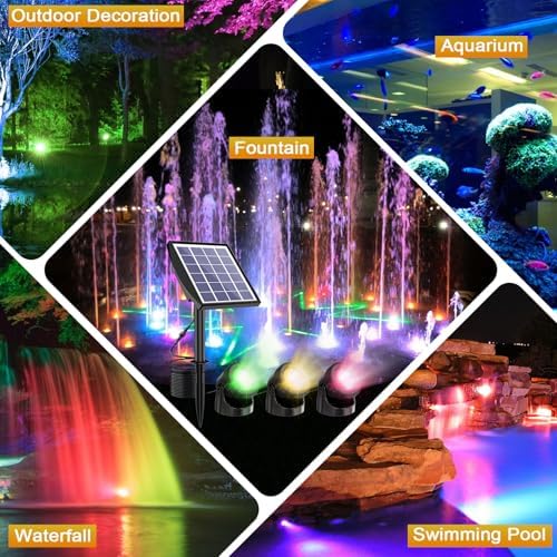 RGB Solar Pond Lights, 13 Lighting Modes Submersible LED Fountain Lights, Smart Auto ON/Off Color Changing Pond Light with IP68 Waterproof for Fish Aquarium Tank Garden Yard Pool, 2200mAh (3-in-1)