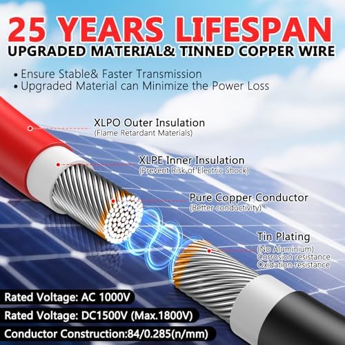 2x50 Feet Solar Panel Extension Cable- 10AWG Solar Cable Solar Panel Cable with Female and Male Waterproof Connectors for RV, Photovoltaic Systems