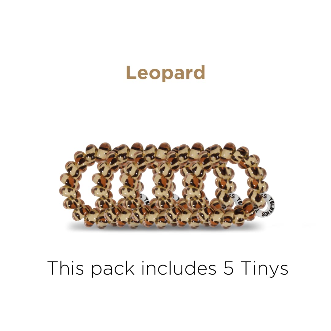 Teleties Brand - Hair Tie - Tiny Spiral Hair Coils - Leopard - 5 Count - Phone Cord Hair Ties for Women - Strong Grip, No Rip, Water Resistant, No Crease Hair Tie Coils