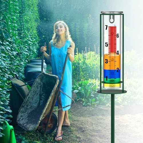 Rain Gauge Outdoor, 7" Capacity Rain Gauge with Metal Stake, Glass Rain Gauge Outdoors Best Rated Decorative for Yard, Garden, Deck, Lawn, Landscape(Colorful)