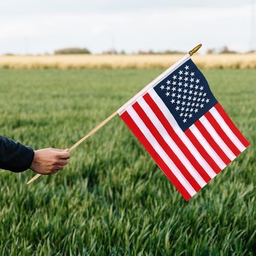 12 Pcs 12x18 Inch American Flags on Stick, American Flags for Outside, USA Stick Flag with Handheld and Grounded Multi-Purpose Flagpole, Memorial Day Decorations, 4th of July, Veterans Day, Patriotic Decorations