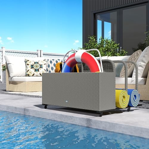 Outsunny Wicker Patio Pool Float Storage Basket, PE Rattan Outdoor Pool Caddy with Rolling Wheels for Floaties, Noodles, Life Vests, Beach Balls, Toys, Patio Furniture, Mixed Gray