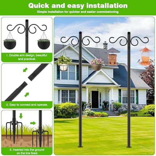 Double Shepherds Hooks for Outdoor,2 Pack 90 Inch Bird Feeder Pole with 5 Prongs Base,Heavy Duty Shepherds Hook,Suitable for Garden in Hanging Flower Basket,Lantern,Bird Nests (90 Inch)