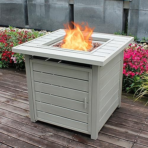 28 Inch Propane Fire Pit Table, Outdoor Gas Fire Pits with Lid & Lava Rock, 50000 BTU Firepit for Dinning, Party in Outside, Patio, Garden or Yard (Light Grey)