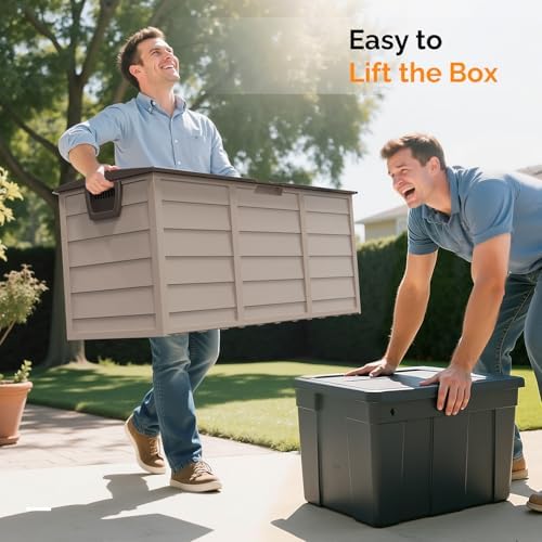 VINGLI 75 Gallon Outdoor Storage Box, Lockable Plastic Storage Containers with Lid, Patio Deck Box Furniture for Garden, Pool, Balcony, Yard (Coffee)