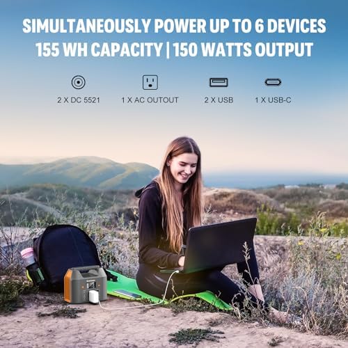 EnginStar Portable Power Station 150W 155Wh Solar Generator 110V 42000mAh Portable Power Bank w/AC Outlet, 6 Outputs External Battery Backup LED Light for Outdoor Camping