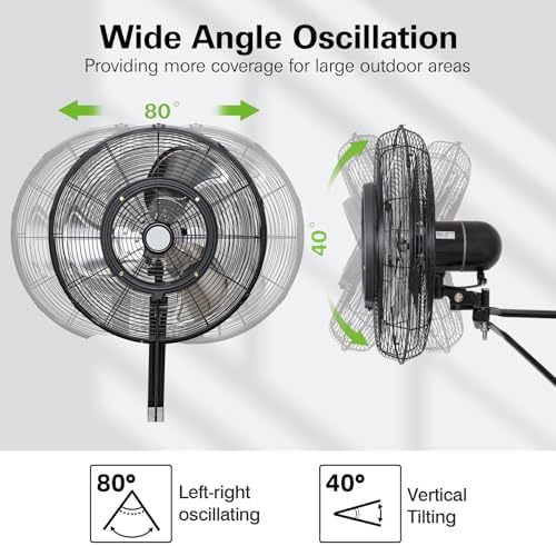 20" Outdoor Misting Wall Fan, 3-Speed High Velocity Industrial Outside Fan, Waterproof Wall Mount Oscillating for Patio Cooling - UL Listed Black