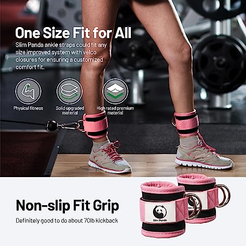Slim Panda Ankle Strap for Cable Machine,Ankle Cuff for Kickbacks, Booty Hip Abductors,Glute Workouts, Leg Extensions, Curls for Men and Women, Adjustable with Double D-Rings (Pair, Pink)