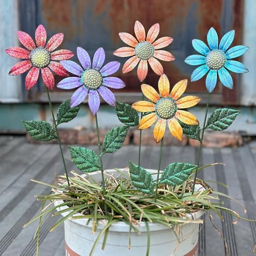Metal Flowers for Outside,5 Pack 16.15" Decorative Garden Stakes with Swaying Flowers Head Yard Art,Spring Garden Decor for Lawn, Pathway & Yard