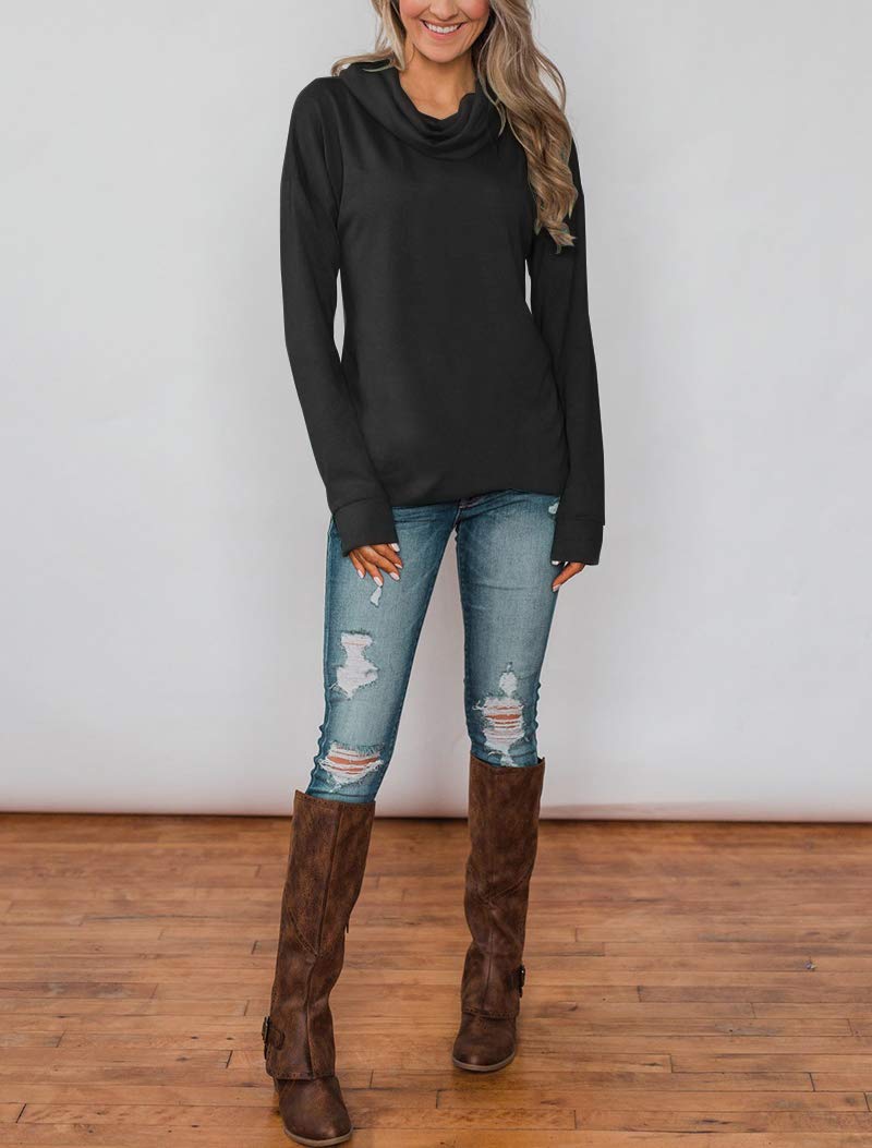 Minthunter Women's Long Sleeve Pullovers Cowl Neck Tunic Shirt Casual Sweatshirt Tops Black