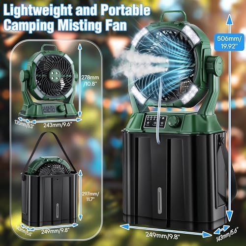 Portable Misting Fan,4 LED Lights&Stepless Speed Control & 4 Outlet Cooling Spray with 6L Bucket,Timer Function,Portable Handle,20000mAh Camping Fan for Patios/Fishing/Travel/Office Desk