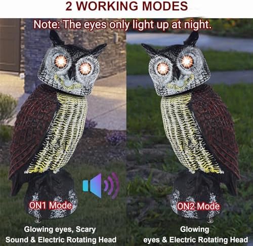 Hausse Solar Fake Owl Decoy Scare Birds Away, Solar Powered Motion Activated Scarecrow Deterrent Owl with Glowing Eyes, Scary Sound & Rotate Head, Nature Enemy Bird Repellent for Outdoor Garden Yard