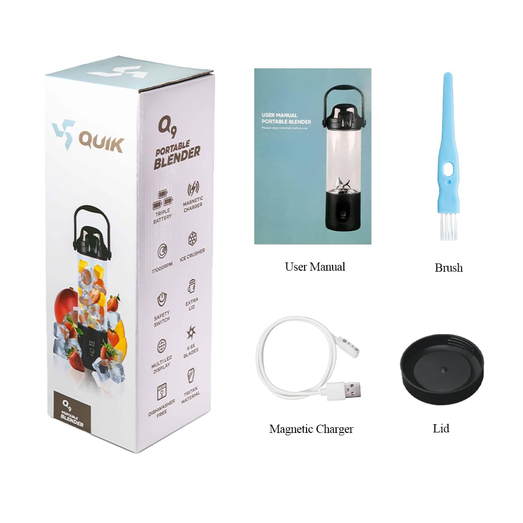QUIK Portable Blender - Cordless 24oz. Personal Blender for Shakes and Smoothies, Licuadora, BPA Free - Ice Crush, Dishwasher safe parts, Waterproof, Triple Batteries, Juicer Cup, Black