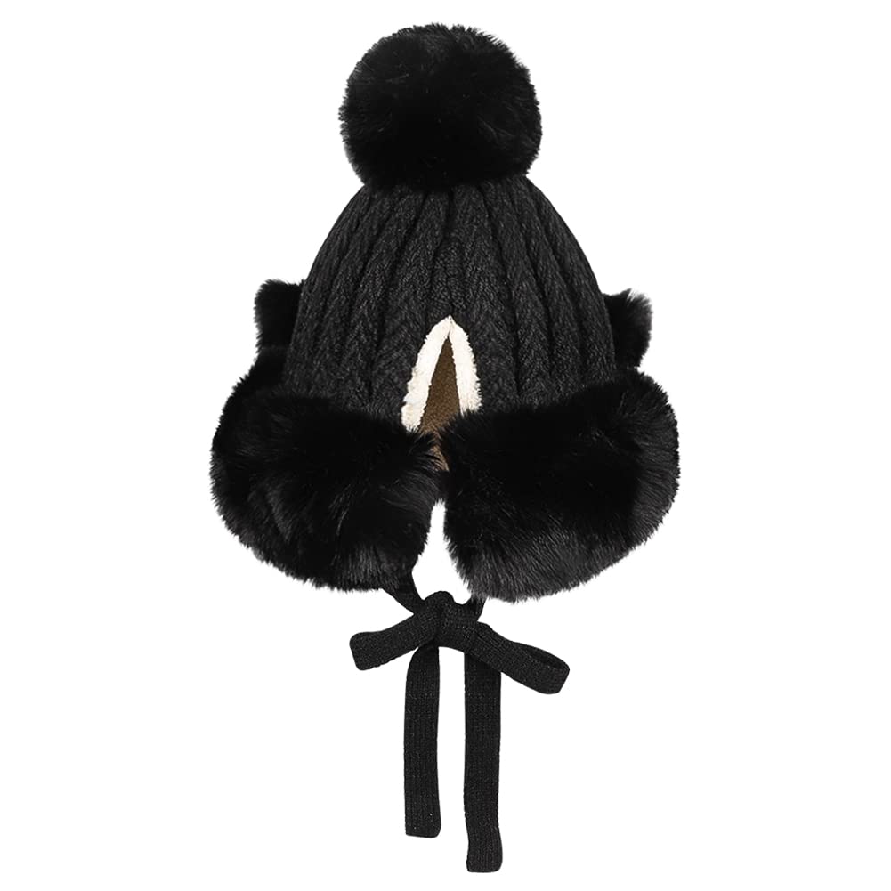 Winter Cute Faux Fur Beanie Hat Women Fox Cat Ear Furry Bucket Hat Cover with Earflap Pompom Russian Warm Plush Trapper Hat Black