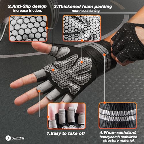 SIMARI Breathable Workout Gloves for Men Women, Padded Weight Lifting Gloves with Wrist Wraps Support, Full Palm Protection, Grip for Gym Training, Fitness, Weightlifting, Exercise Fingerless Black