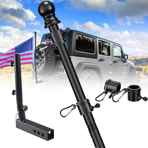 Truck Flag Pole Kit with Trailer Hitch Holder - 6ft Heavy Duty Tangle Free Flagpole for Trucks,Dual Angle Mount,Windproof Long Sleeve for Tow Truck,Pickup Car,Jeep, Black