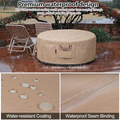QH.HOME Fire Pit Cover Round-41-44 Inch Heavy Duty 900D Strong Tear-Resistant and UV Resistant and Waterproof and Fading Resistant Material Polyester Firepit Covers Round for Outdoor Fire Pit-Wheat