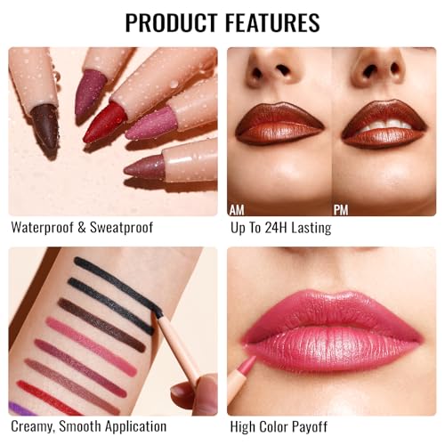 Oulac Red Retractable Lipliner Pencil 2in1 Waterproof Makeup Stick for Lip Liners and Eye Liners, Smooth and Creamy, Long Lasting Matte Finish, Vegan Beauty, 07 Cherry