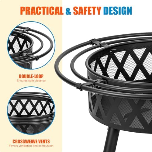 36 Inch Wood Burning Fire Pit with 2 Loops, Outdoor Fire Pit with Spark Screen & Fire Poker, Cross Weave Firepit for Outside Fireplace Bonfire for Yard,Patio, Garden