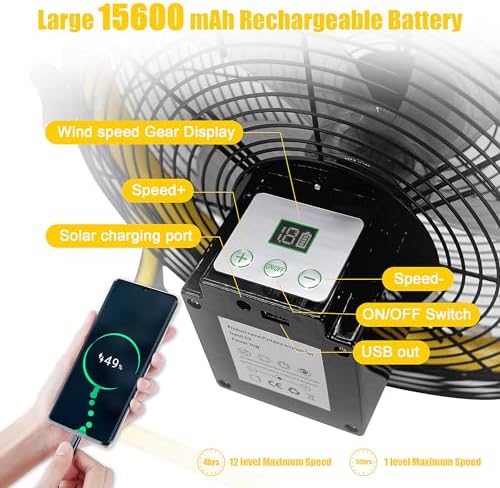 14 Inch Portable Rechargeable Fan,15600mAh Battery Powered,Camping Fan with Solar Panel,360 Vertical Tilt,Solar Powered Fan for Outside,Travel,Chicken Coop,Dog House,Shed,Greenhouse