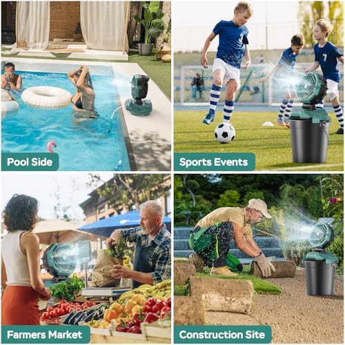 Portable Misting Fan for Outdoors Patios - 30000mAh Rechargeable Battery Powered Camping Fan, 4 Spray Mister with Timer, Fits 10-13" Bucket, 4 Speed, 90° Auto Oscillation for Garden Sports Travel Golf