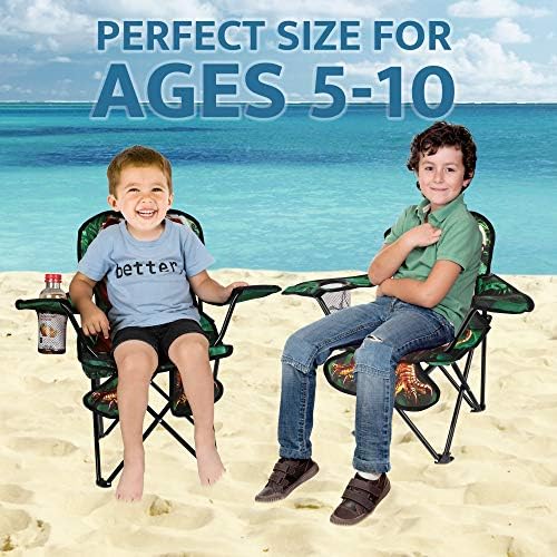 Toy To Enjoy Outdoor Dinosaur Kids Camping Chair – Foldable Children’s Chair for Camping, Tailgates, Beach, – Carrying Bag Included Mesh Cup Holder & Sturdy Construction. Ages 5 to 10 (Patent Pending)