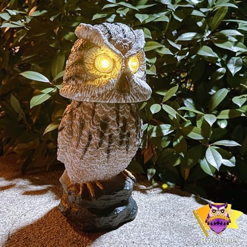 Owlsome Solar Tiger Owl with Flashing Eyes, Rotating Head, Hoot Sound, Motion Detector and Silent Mode, Plastic Owl Garden Sculpture, Garden Decoration