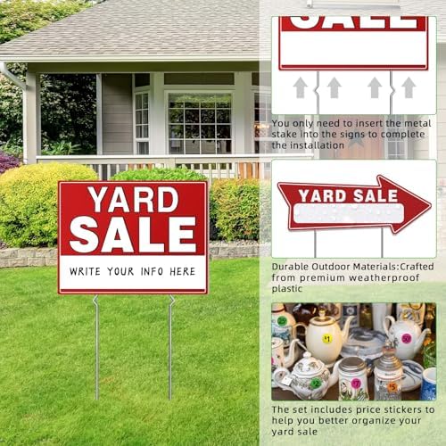 14pcs Yard Sale Signs, 17" x 13", Double Sided with Metal Stake, Pricing Stickers, Directional Arrows & Neon Stickers, Garage Sale Supplies