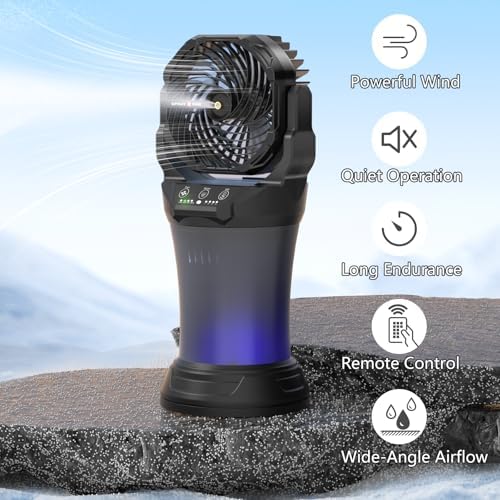 Portable Misting Fan with 30000mAh Battery, 2L Water Tank, Remote Control, RGB Light – 4 Wind Speeds, 4 Spray Modes (Continuous/3S/5S/7S), 120° Adjustable, Ideal for Camping, Patio & BBQ