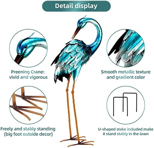 chisheen Crane Garden Statues, Metal Garden Crane Outdoor, Blue Heron Sculpture Metal Yard Art, Large Heron Decoy, Bird Statues, Lawn Ornaments for Backyard Pond Patio Porch Outside Decorations