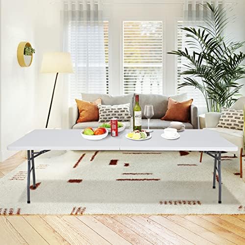 SUPER DEAL 8FT Folding Picnic Table for Indoor Outdoor, Portable Fold-in-Half Plastic Dining Camping Party Table with Carrying Handle