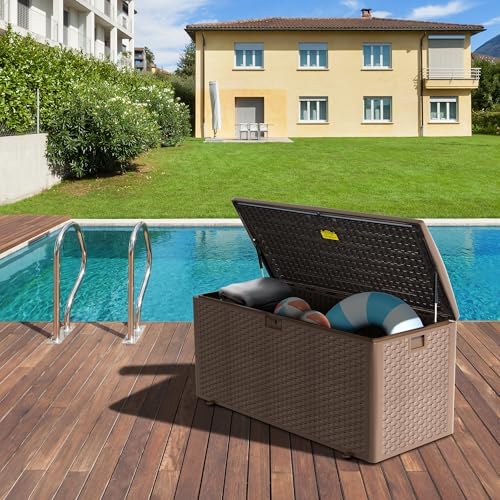 Premium Pro Edition 150 Gallon Lockable Resin Deck Box, Waterproof & UV-Resistant Outdoor Storage Box for Outdoor Cushion Storage, Garden Tools & Pool Accessories Storage, Brown